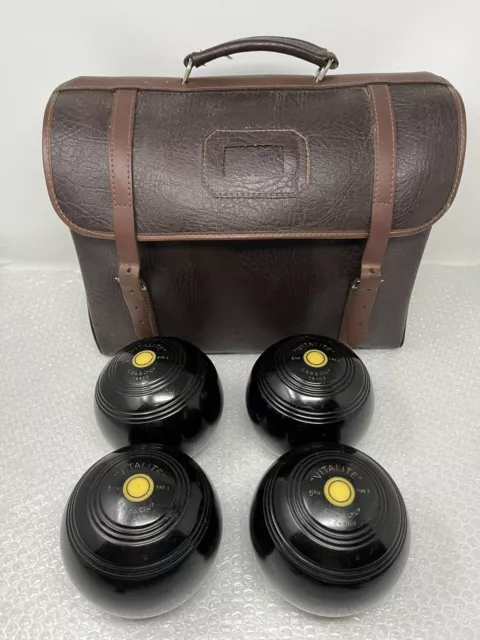 Vitalite Set of 4 Lawn Bowls Black  5 1/16 Bias 3 with Brown Leather Strap Bag