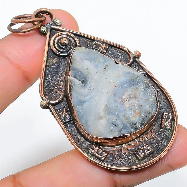 Desert Rose Druzy Gemstone Handmade Ethnic Copper Jewelry Pendant 2.76"