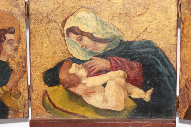 Triptyque bois sculpté peint à la main religieux vintage La Vierge Marie Jésus..