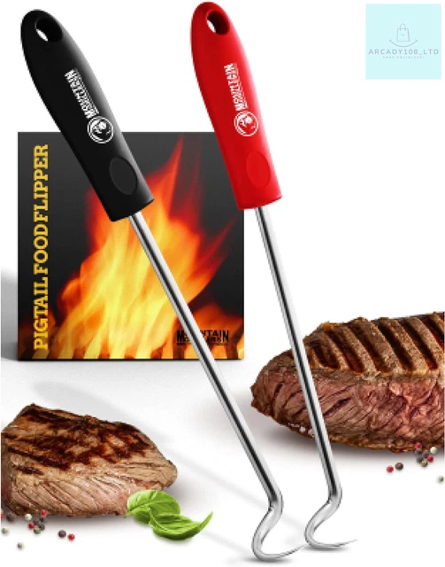 Pigtail Food Flipper Set - 17 & 12 Inch Meat Hooks & Turners With Steel Shafts &