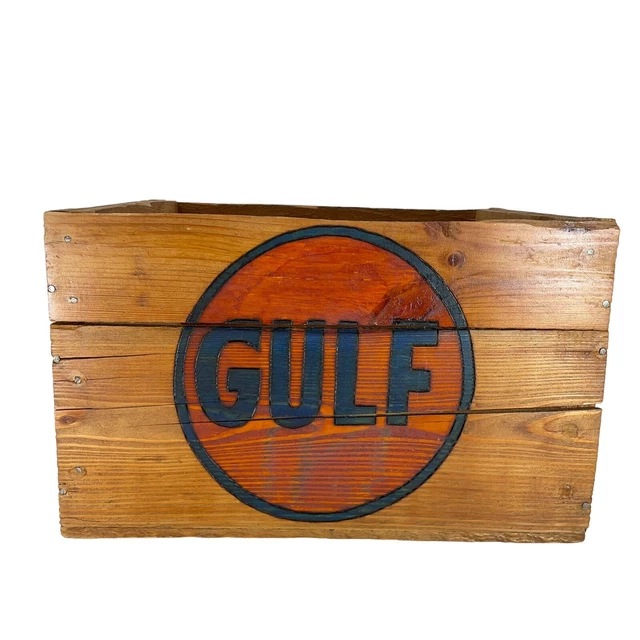 Vintage Gulf Oil Company Wooden Wood Storage Box Crate 15.5” x 9.5”