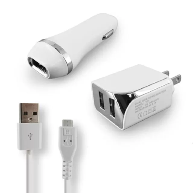 White Color 2.1A Car Charger Adapter + Wall Travel Charger + USB Wire Cord Cable