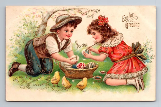 Easter Greetings, Children, Chicks And Eggs, Embossed, Antique, Vintage Postcard