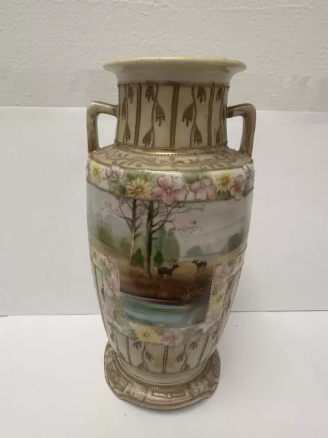 Antique Nippon Hand Painted Porcelain Vase Deer Woods Scene Gold Gild 2 Handle