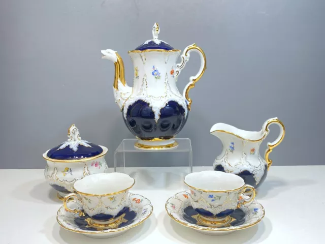 Meissen B-shape coffee service, Cobalt blue, gold relief, flower decoration, 1st