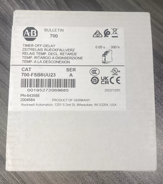 New Sealed 2022 Allen Bradley 700-FSB6UU23 /A High Performance Timing Relay -USA