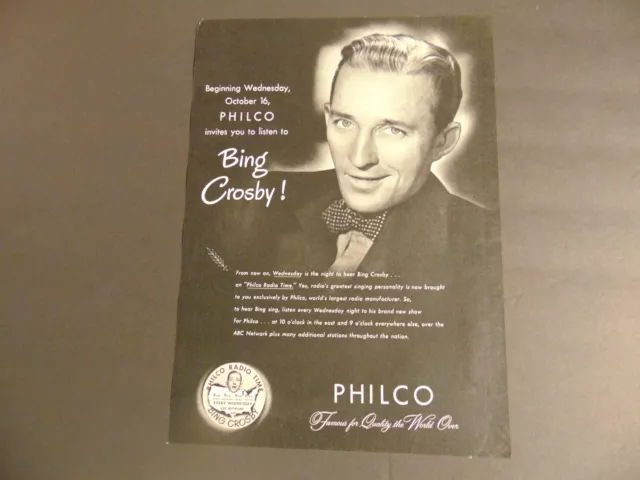 1946 PHILCO RADIO TIME BING CROSBY vintage art print ad