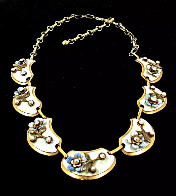 Vintage AB Rhinestone Faux Pearl Baby Blue Enamel Metal Flowers Link Necklace