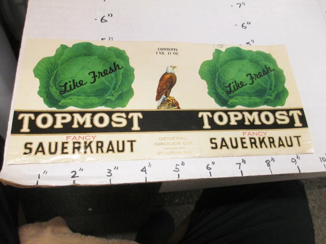 TOPMOST sauerkraut 1930s eagle metal tin can food paper label General Grocer