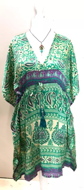 Tunic, Kaftan Top Cover up dress  Boho hippy, festival Sari Silk Long UK 8 - 18