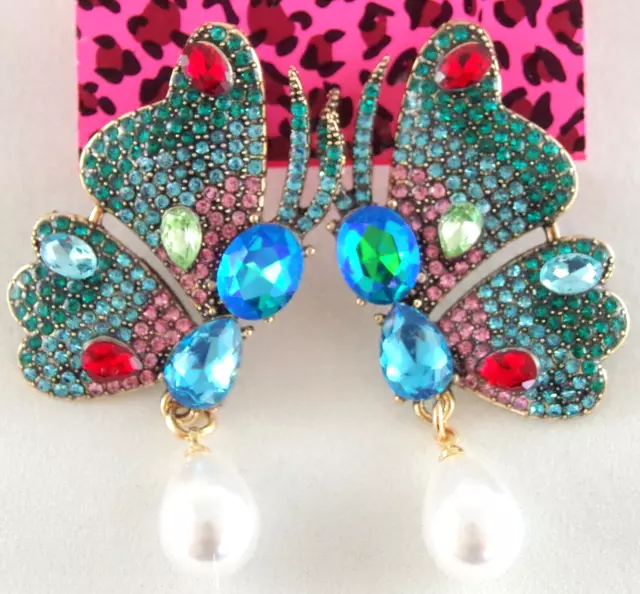 2.25" New Betsey Johnson Blue Rhinestone & Pearl Drop Dangle Butterfly Earrings