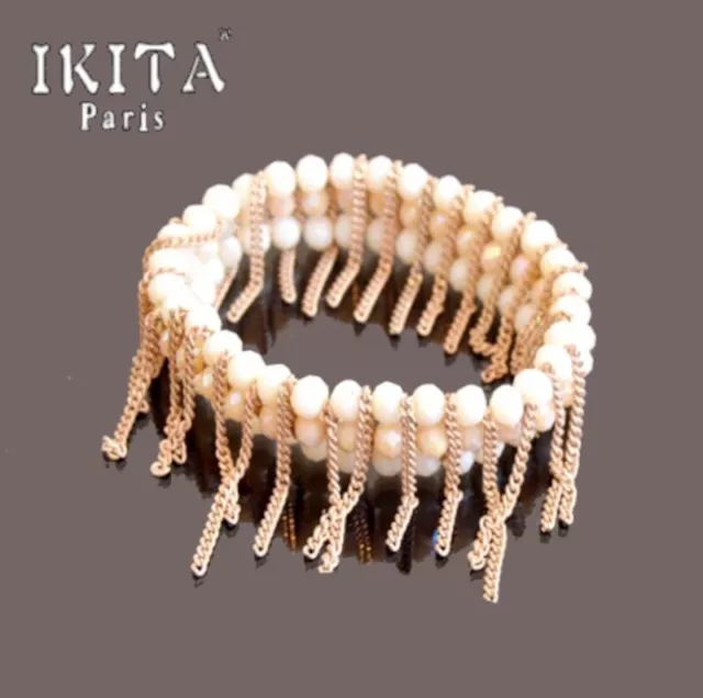 Bracelet IKITA Paris Perles en Verre Facette Métal Chaîne 3 Rangées Élastique