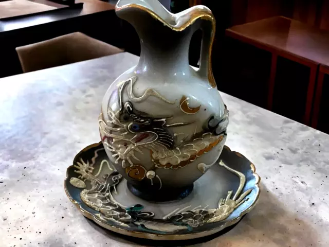 Vtg. Miniature Enesco Moriage Dragonware Pitcher w/ Under Plate