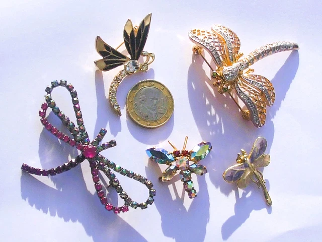 Broche Vintage Libellule Années 1950 - Perles Et Laiton Doré - Bijou Ancien