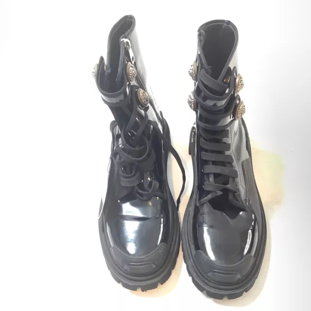 DOLCE & GABBANA Sz 39 US 8.5 Patent Leather Combat Ankle Boots Black DG Logo