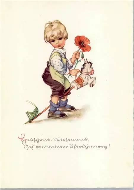 51525910 - Steckenpferd Heuschrecke Klatschmohn Kind