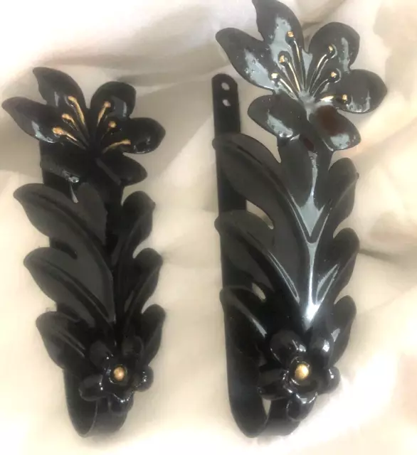 Vintage  Drapery Curtain Pull Back Ties  Embossed Metal Black Gloss Leaf Floral