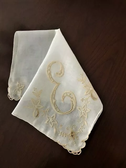 Heirloom 1940's Hand-Embroidered Madeira ECRU Monogram "E" Wedding Handkerchief