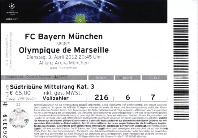 Biglietto Champions League Ec I 2011/12 FC Bayern München - Olympique De