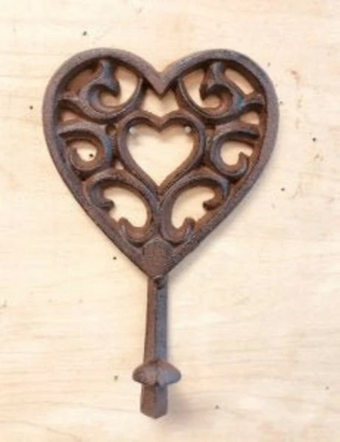 Antique Cast Iron Wall Hooks Heart Shape Macrame Coat Hat Towel Hanging Rustic