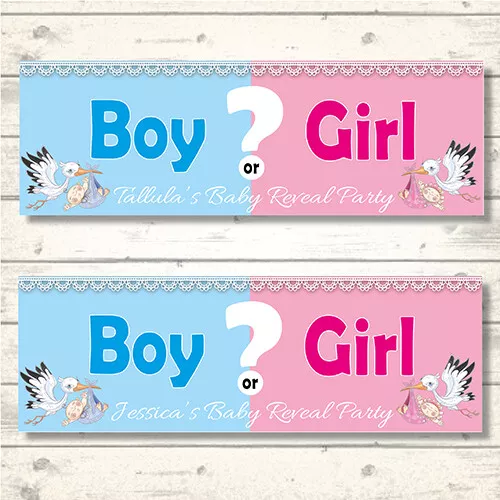 2 PERSONALISED GENDER REVEAL BANNERS - BOY OR GIRL?  800 x 297mm STORK DESIGN