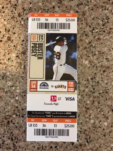 2017 San Francisco Giants Vs Colorado Rockies Ticket Stub 4/14 Buster Posey