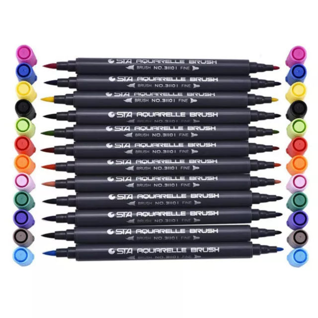 Fineliner Tip Drawing 12 Colors STA Dual Brush Water Based Art Marker Pens