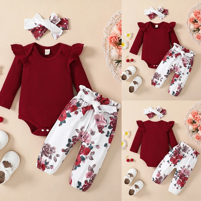 Newborn Baby Girls Floral Ruffle Romper Tops Pants + Headband Clothes Outfit Set