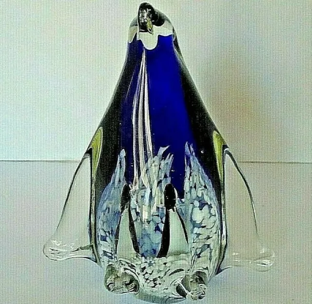 Vintage Art Glass Penguin Cobalt Blue Paper Weight Figurine 5.5" Tall