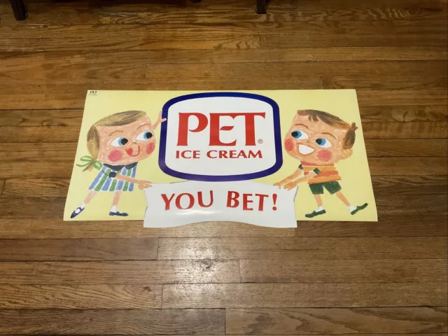 Vintage 1960's PET ICE CREAM Paper Sign 17" x 33" Grocery Store Poster You Bet!