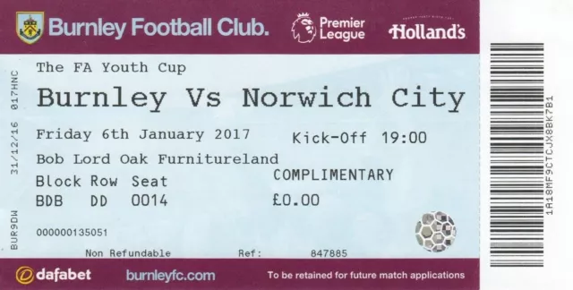 Ticket - Burnley Youth v Norwich City Youth 06.01.17 FA Youth Cup