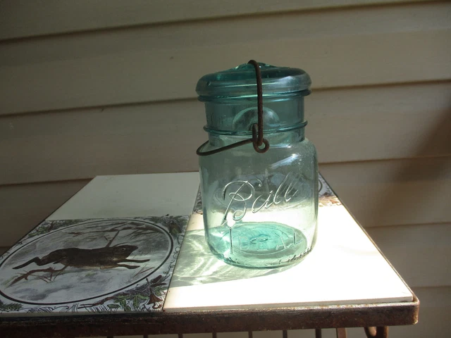 Ball Ideal Aqua Blue #6 Pint Jar with Glass Lid Wire Bail Pat July 14, 1908