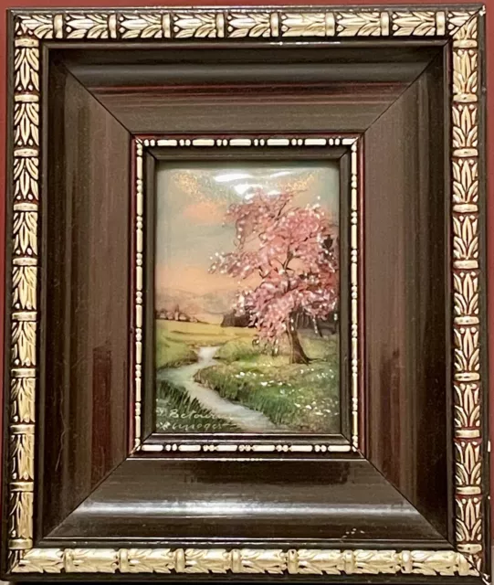 Tableau Émaux De Limoges Par Jean Bétourné Paysage Prairie Arbre Proche Ruisseau