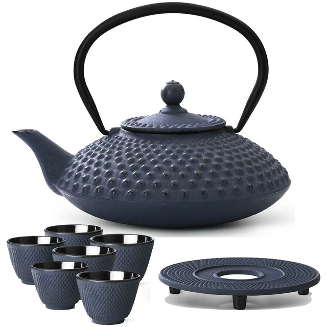 Asia Tee Set Teekanne Teesieb 6 Becher Stövchen Teeservice Gußeisen blau 1,25 L