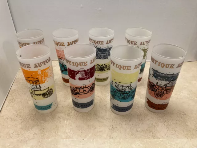 Classic Cars Tall Tom Collins Cocktail Glasses Buick Hudson Maxwell Set of 8