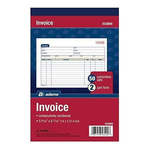 2-Part, Carbonless, 5-9/16 x 8-7/16 Inches, 50 Sets per Book Invoice Book