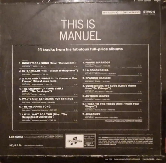 Manuel This is Manuel  Vinyl LP EMI Studio 2 Stereo STWO 5 1E 046 ◦ 0476 UK 2