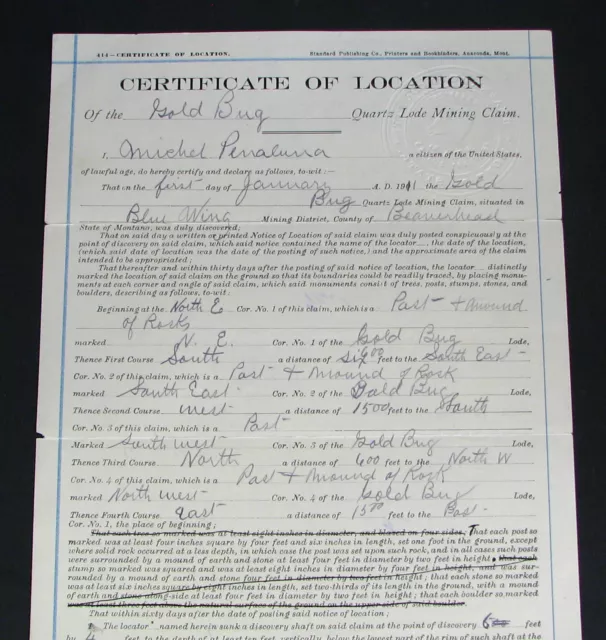 #28 - neat! 1901 GOLD BUG QUARTZ LODE MINING CLAIM document MONTANA Beaverhead