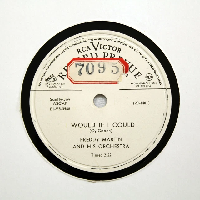 FREDDY MARTIN ORCHESTRA "I Would If I Could" (EE+) RCA VICTOR VINYL PROMO [78]