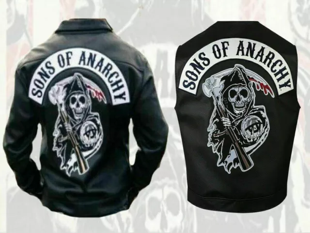 Uomo Son Of Anarchy Motociclista Vero Nero Pelle Gilet Giacca