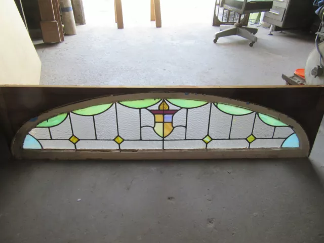~ ANTIQUE STAINED GLASS TRANSOM WINDOW ~ 63 x 16 ~ ARCHITECTURAL SALVAGE