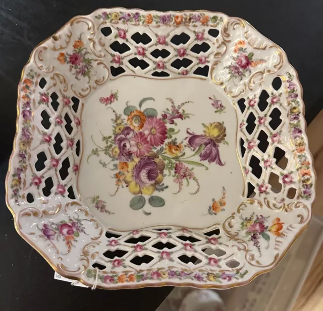Antique Dresden Hand Painted Floral & Gold Reticulated 9 1/4" Square Bowl