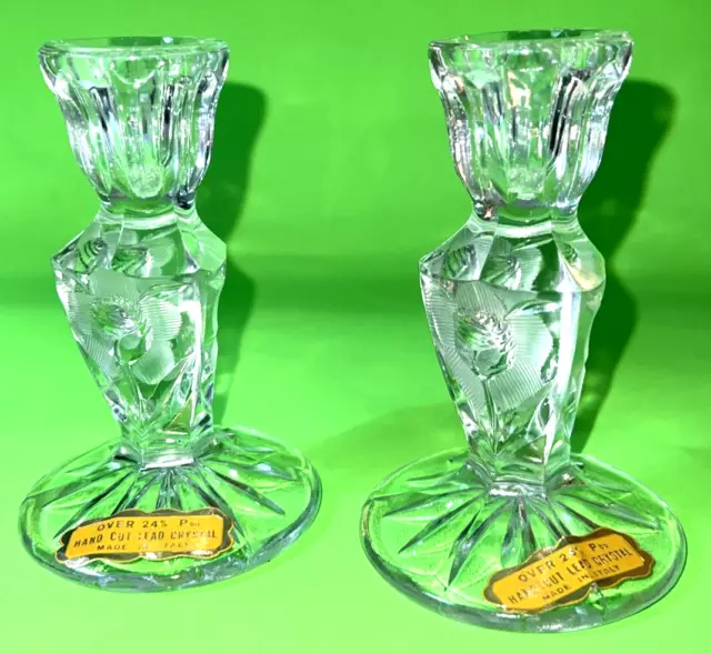 Pair of 3-Sided Candlestick Holders 24% Lead Crystal Rose Stem Italy Vintage