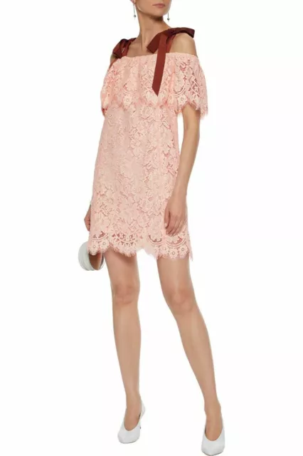 Ganni Off The Shoulder Duval Lace With Ribbon Corded Dress Cloud Pink Size 40