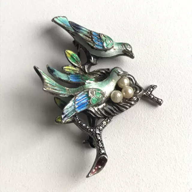 Vintage Sterling Silver Enamel Marcasite Imitation Pearl Birds Nest Brooch Pin