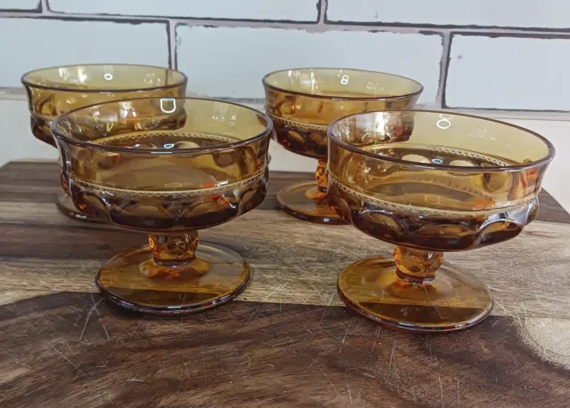 Vintage Set Of 4 Indiana Glass Amber Kings Crown Thumbprint Footed Dessert Bowls