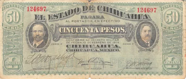 Mexico 50 Pesos 1914 P-S538 M# 928 Serie F Chihuahua Banknote Cir #1