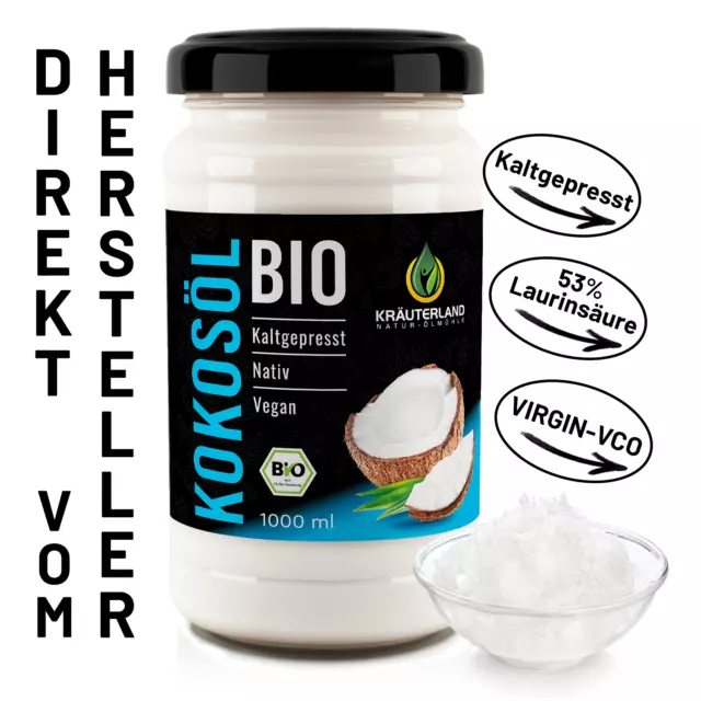 Bio Kokosöl, Kokosfett 1000ml, 1 L, nativ, kaltgepresst, enthält Laurinsäure 53%