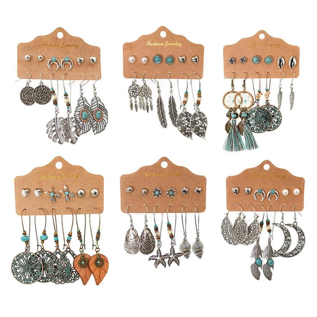 12pcs Bohemian Vintage Style Women Simple Circle Ear Stud Earrings Moon Star