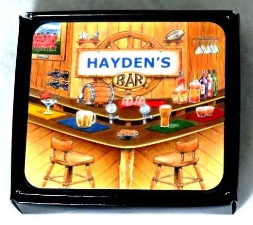 Hayden's Bar Name Set Of 6 Cork Backed Coasters